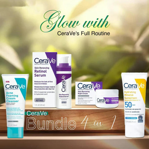CeraVe 4 in 1 Skincare Bundle | Acne Cleanser, Retinol Serum, Night Cream & SPF 50 Sunscreen | Complete Daily Skin Care Routine