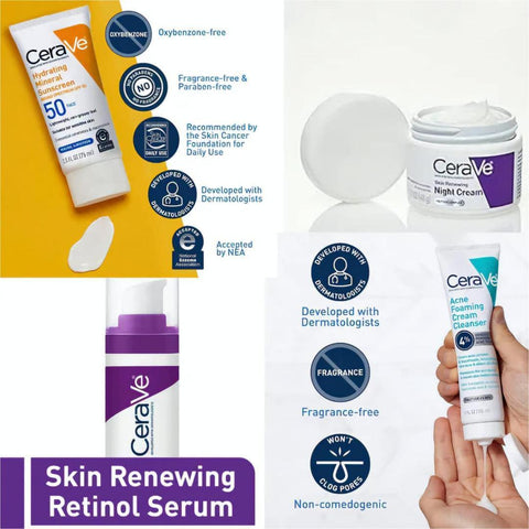 CeraVe 4 in 1 Skincare Bundle | Acne Cleanser, Retinol Serum, Night Cream & SPF 50 Sunscreen | Complete Daily Skin Care Routine